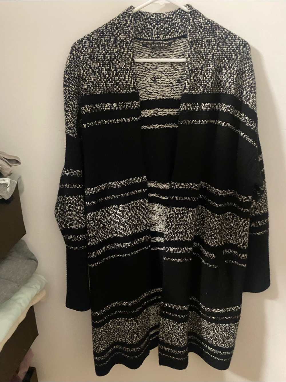 Athleta Black & White Open-Front Striped Cardigan